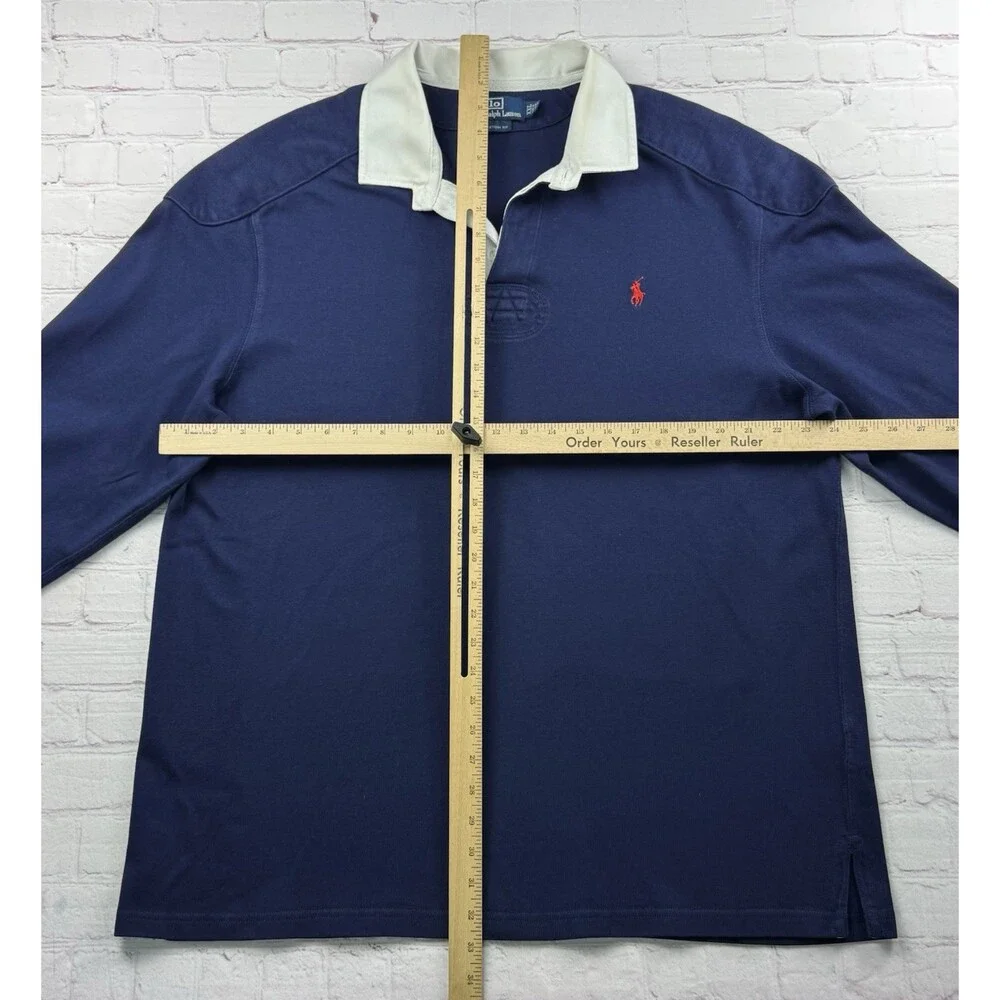 Vintage Polo Ralph Lauren Mens Rugby Polo Shirt Long Sleeve XXL Blue Elbow Patch